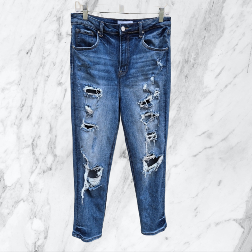 Risen Women's Ripped Destroyed Distressed Jeans Hi Rise Dark Wash Stretch 13/31